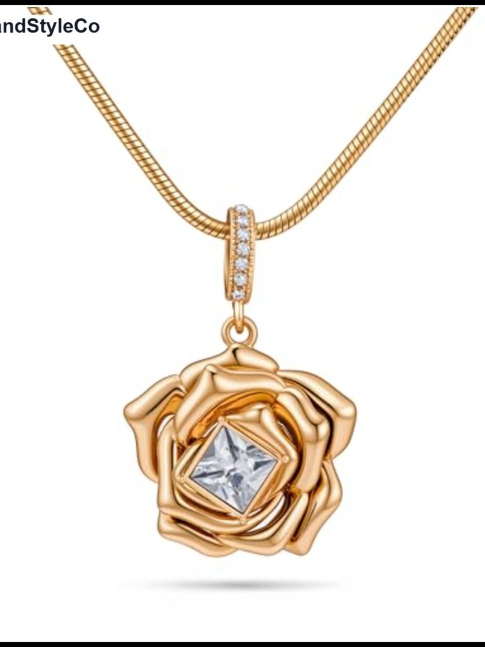 Vintage Rose Pendant Necklace Gold Plated Brass Cubic Zirconia Snake Chain